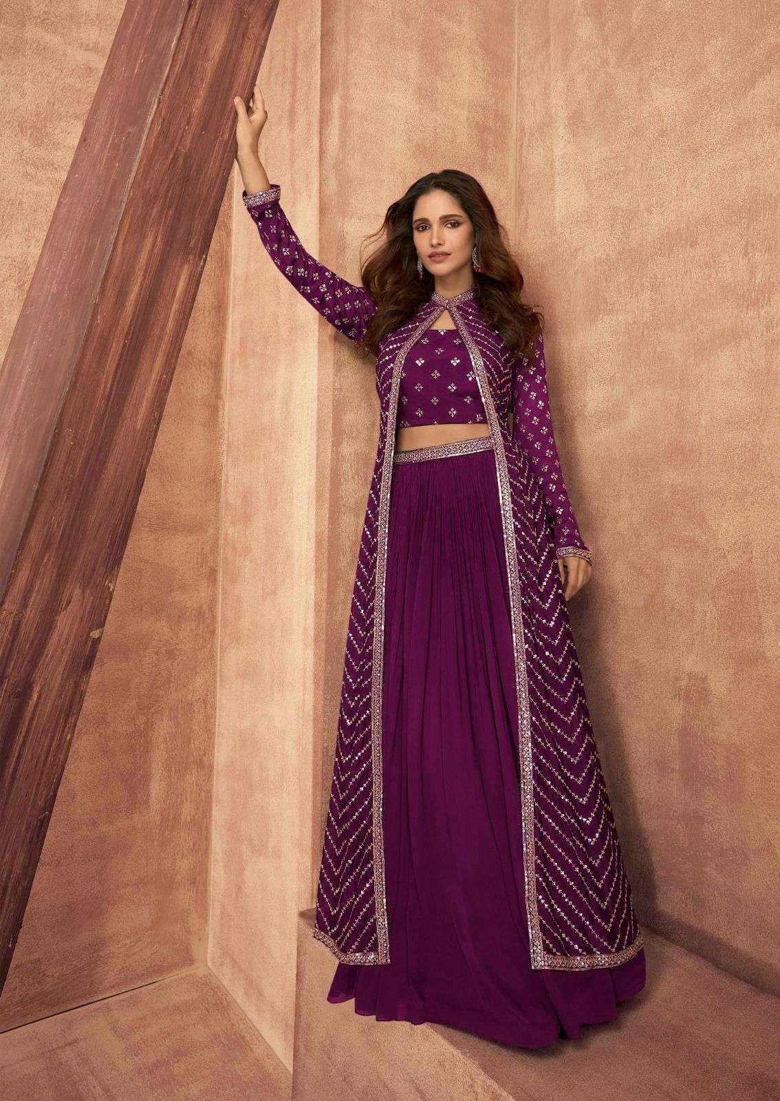 MPRESSION NEW COLOR CHINON SILK HANDWORK CROP TOP WITH SKIRT AND SHRUG BY SAYURI DESIGNER 1001